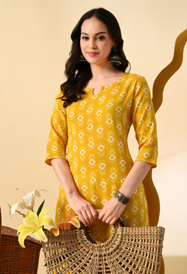 METAFAB Women Printed A-line Kurta(Yellow)