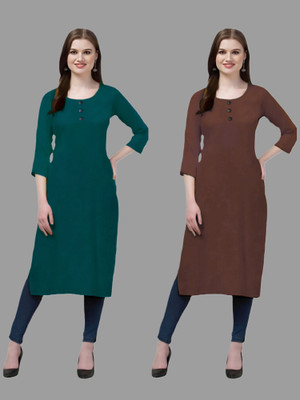 HOFC Women Solid Straight Kurta(Dark Green, Maroon)