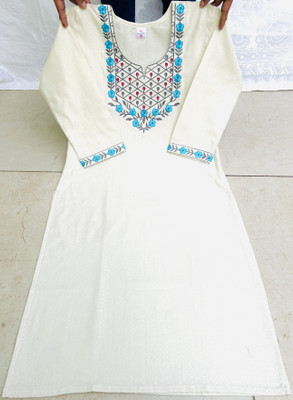 AW STYLES Women Embroidered A-line Kurta(White)