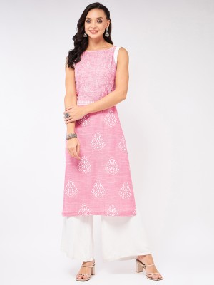 PANNKH Women Printed Straight Kurta(Pink, White)