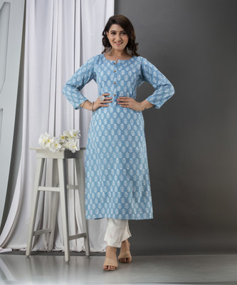 GREYSHADE Women Printed Straight Kurta(Light Blue)