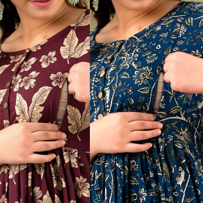 Dazy Women Floral Print, Printed Anarkali Kurta(Blue, Maroon)