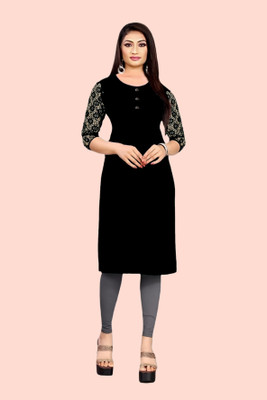 Coft Women Solid Straight Kurta(Black)