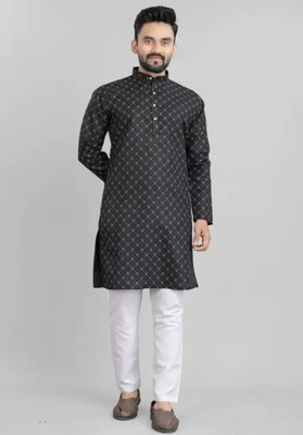 FRELURO Men Printed, Self Design Straight Kurta(Black)