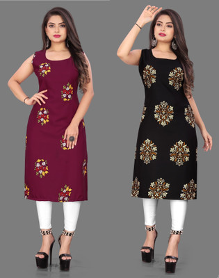 Hiral Creation Women Floral Print Straight Kurta(Maroon, Black)