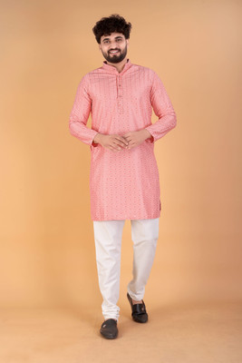 Keton Men Embroidered, Embellished Straight Kurta(Orange)