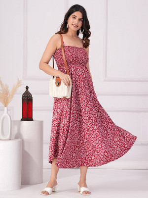 Jollity Women Ethnic Dress Maroon Midi/Calf Length Dress