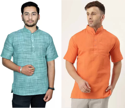 isdfabric Men Self Design Straight Kurta(Black, Orange)