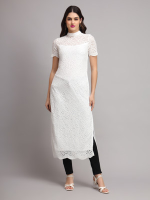 Ojjasvi Women Embroidered Straight Kurta(White)