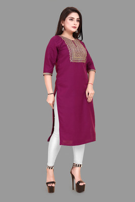 KURTIFABRIC Women Embroidered A-line Kurta(Purple)