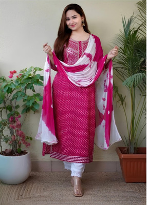 FAYZLENFASHION Women Printed, Embroidered, Bandhani Straight Kurta(Pink)