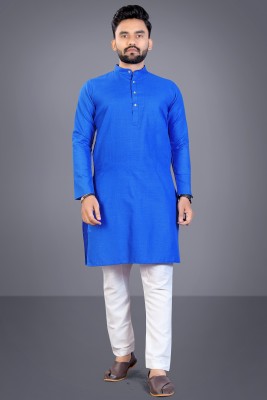 EliteWear Men Solid Straight Kurta(Blue)