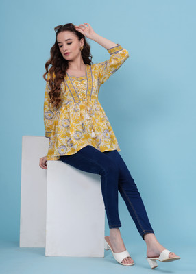 PIROKI Women Printed Flared Kurta(Yellow)