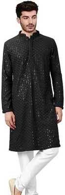 HouseOfCommon Men Chikan Embroidery A-line Kurta(Black)