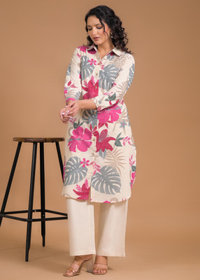 SAANWRI Women Floral Print A-line Kurta(Pink)