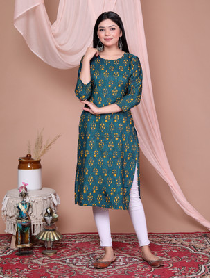 raamratan Women Floral Print A-line Kurta(Blue, Green, Dark Green)