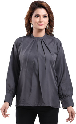 Anmi Classy Grey Polyester Crepe Office Wear Short Tunic Top For Women Solid Women Straight Kurta(Grey)