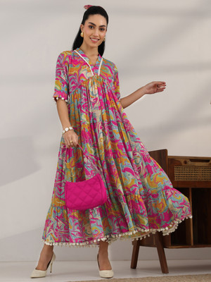 LIBAS Women Printed Flared Kurta(Multicolor)