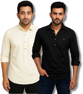 MANCHESTER & CO Men Solid Straight Kurta(Beige, Black)