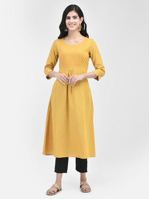 Span Women Self Design A-line Kurta(Yellow)