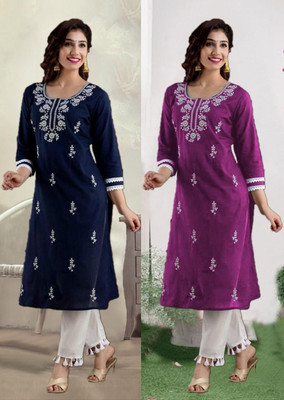 SISTO Women Chikan Embroidery Straight Kurta(Multicolor)
