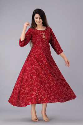 NUPITAL Women Printed Flared Kurta(Maroon)