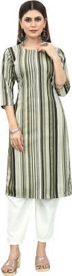 HouseOfCommon Women Striped Straight Kurta(Green)