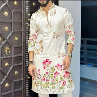 PINSFASION Men Printed, Floral Print A-line Kurta(White, Multicolor)