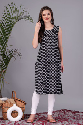shobhit Women Printed Straight Kurta(Black)