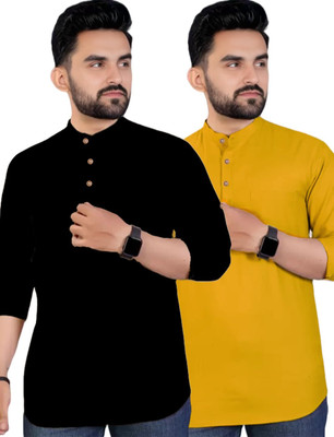 DaReal Men Solid A-line Kurta(Yellow)