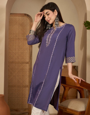 Skylee Women Embroidered Straight Kurta(Purple)