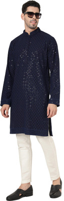 Kaashi Couture Men Embroidered Straight Kurta(Dark Blue)