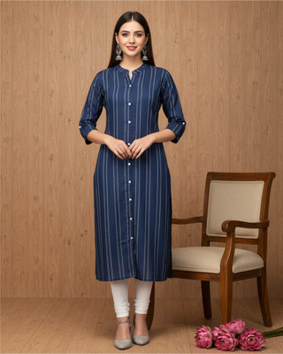 shhop Women Striped Frontslit Kurta(Dark Blue)