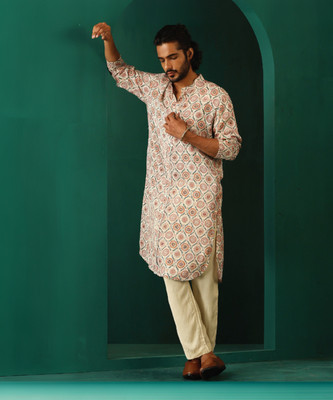 TrueBrowns Men Printed Straight Kurta(White)