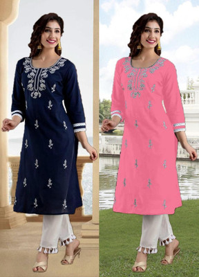 vikshi Women Embroidered Straight Kurta(Multicolor)
