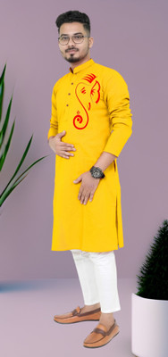 M Biswas Men Printed Straight Kurta(Yellow)