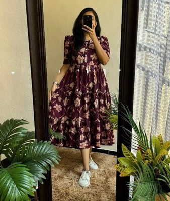 HouseOfCommon Women Printed Ethnic Dress Kurta(Purple)