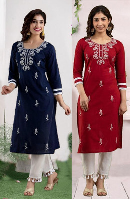 vikshi Women Chikan Embroidery A-line Kurta(Multicolor)