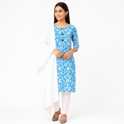 Hadi Attire Women Floral Print A-line Kurta(Blue)