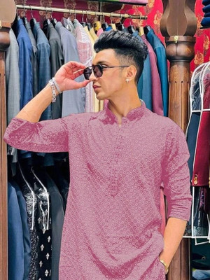 romj Men Chikan Embroidery Straight Kurta(Pink)