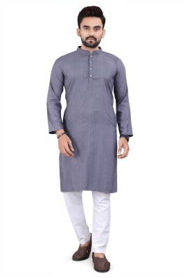 An Creation Men Embellished Straight Kurta(Grey)