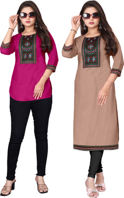psmn Women Embroidered Straight Kurta(Red, Beige)
