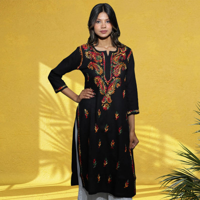 Heritage of Chikankari Women Chikan Embroidery Straight Kurta(Black)