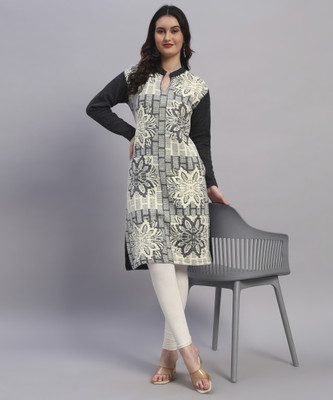 QUIN FLETCHER Women Self Design, Printed Straight Kurta(Grey)