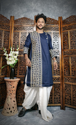 TapasBiswas Men Block Print A-line Kurta(Dark Blue)