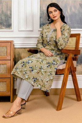 Thy Women Floral Print, Printed A-line Kurta(Beige)