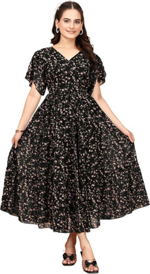 Parth Creation Women Printed Flared Kurta(Black)