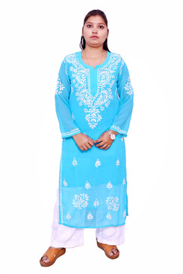 Unstop Women Chikan Embroidery Ethnic Dress Kurta(Blue)