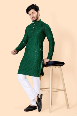 Shree Dutt Creation Men Chikan Embroidery Straight Kurta(Dark Green)