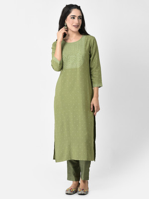 Span Women Self Design Straight Kurta(Green)